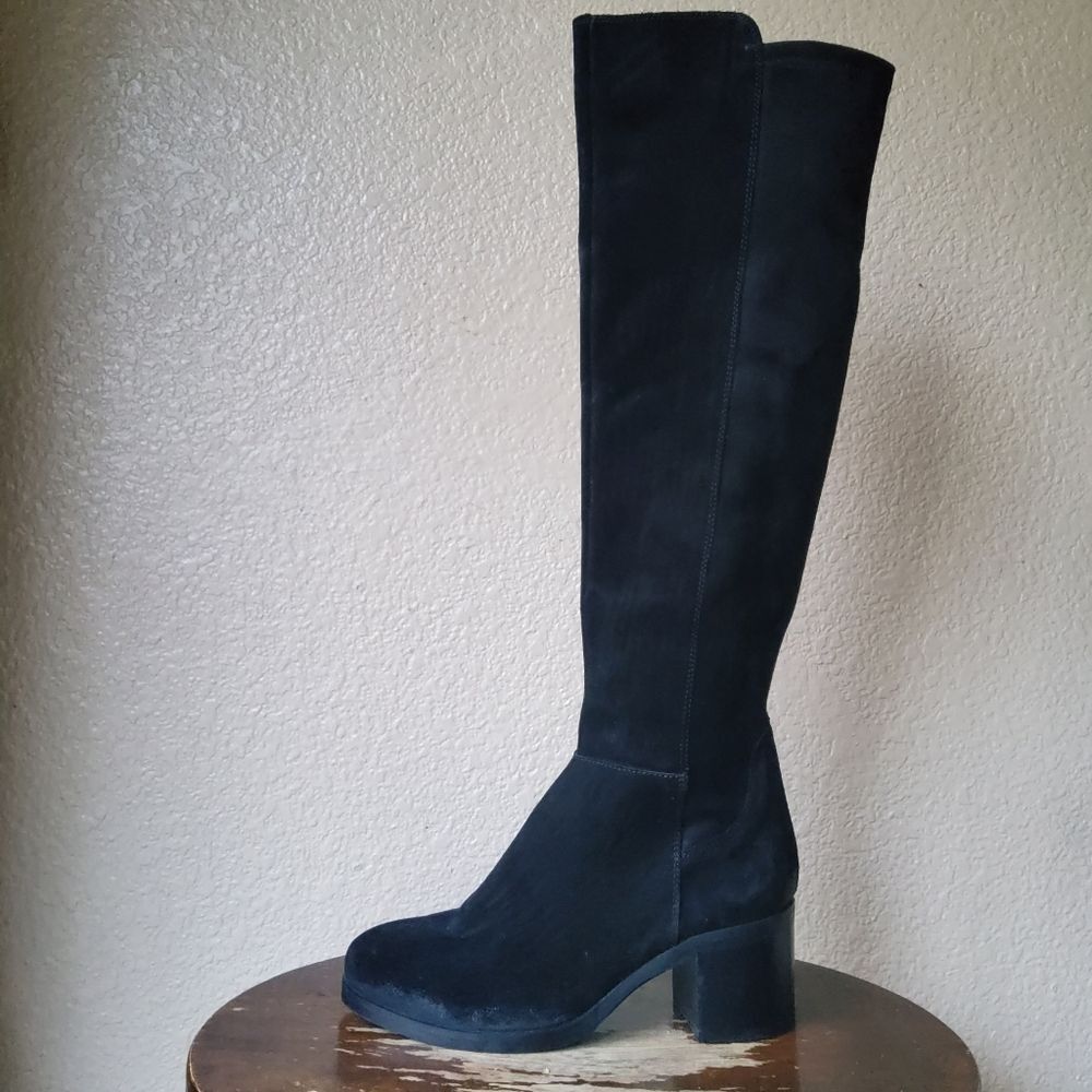 Vera Gooma Black Suede Leather Block Heel Tall Boots • Size 5 • NWOT